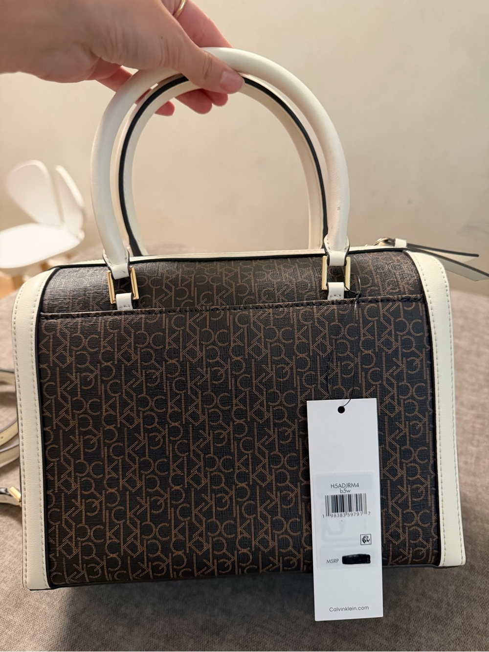 Calvin Klein Brown Logo Satchel with Cream Trim and Gold Hardware